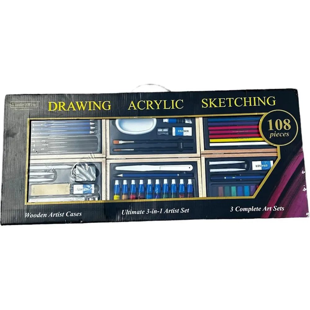 Wonder & Weiss Complete Drawing Sketch Acrylic Art Set 108 Pieces Wooden Case